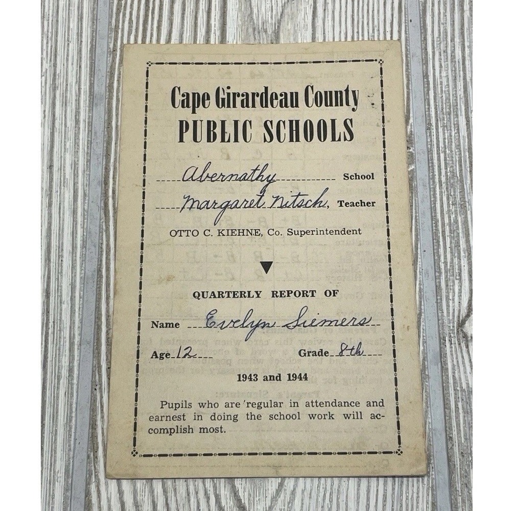 8th Grade Report Card VTG 1943-44 Ephemera Cape Girardeau County MO Handwritten
